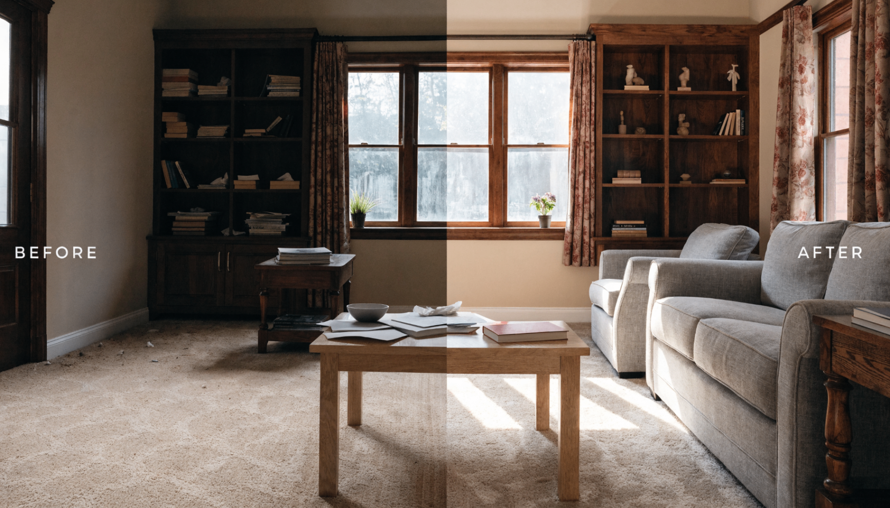 Family room cleaning before and after transformation